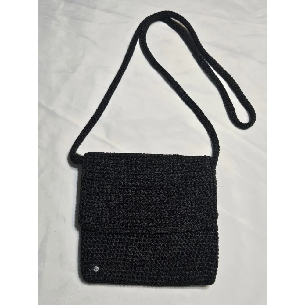 The Sak Black Crochet Knit Flap Crossbody Bag Purse Small Square Y2K Boho